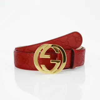 Gucci GG Marmont लाल सोने का उत्कीर्ण मॉनोग्राम वृत्ताकार interlocking G बकल लेदर बेल्ट