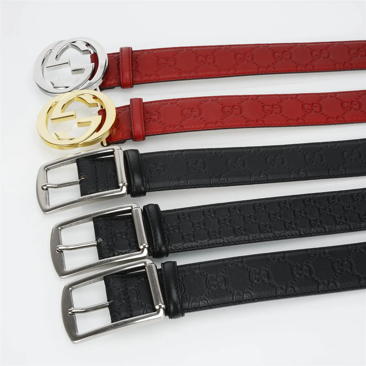 Gucci GG Marmont Red Gold Embossed Monogram Circular Interlocking G Buckle Leather Belt 2
