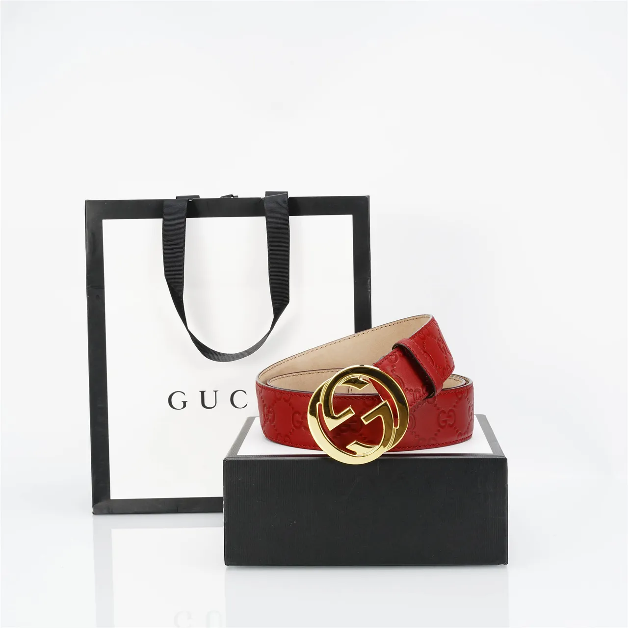 Gucci GG Marmont Red Gold Embossed Monogram Circular Interlocking G Buckle Leather Belt 4