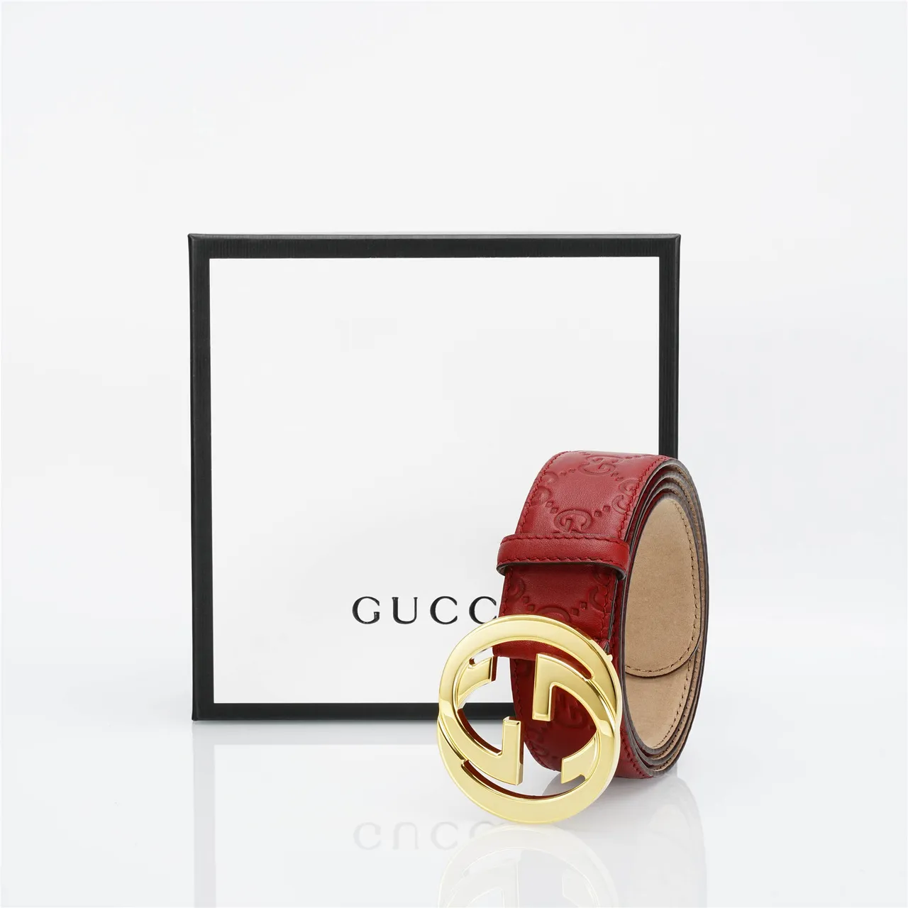 Gucci GG Marmont Red Gold Embossed Monogram Circular Interlocking G Buckle Leather Belt 5