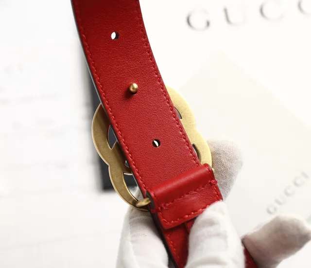Gucci GG Marmont Red Gold Interlocking G Buckle Smooth Leather Belt 2
