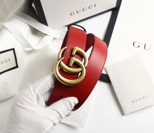 Gucci GG Marmont Red Gold Interlocking G Buckle Smooth Leather Belt 3