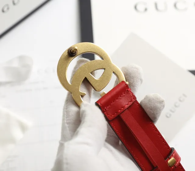 Gucci GG Marmont Red Gold Interlocking G Buckle Smooth Leather Belt 6