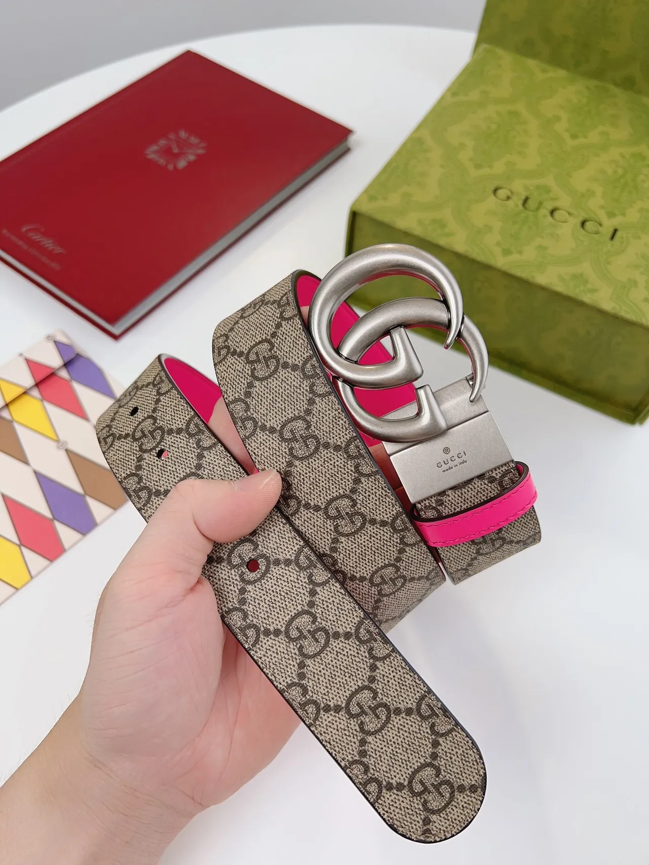 Gucci GG Marmont 可逆粉色和米色皮带 2