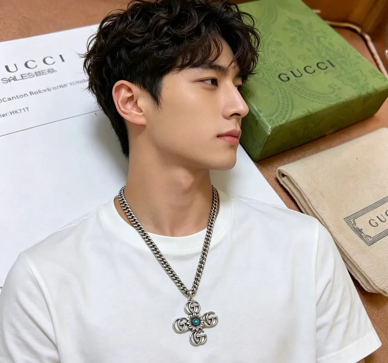 Collier Gucci GG Marmont Argent Bleu Chaîne Curb Chunky Pendentif Croix 8