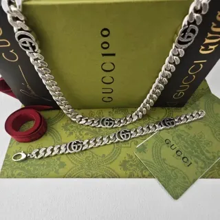 Gucci GG Marmont فضي أخضر Curb-Link Chain Interlocking G Logo Motif سوارة