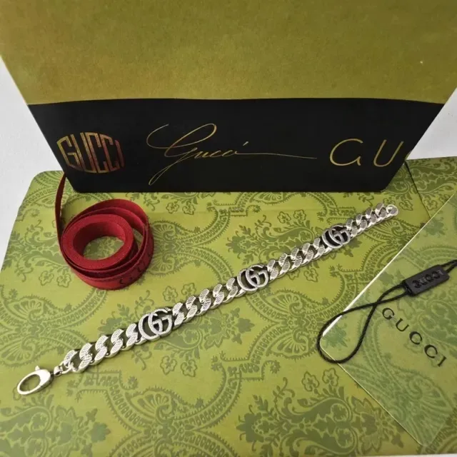 Gucci GG Marmont Verde Prata Curb-Link Chain Motivo G Logo Interlocking Pulseira 4
