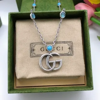 Gucci GG Marmont টারকয়েজ স্টোন সিলভার-টোন চেইন নেকলেস