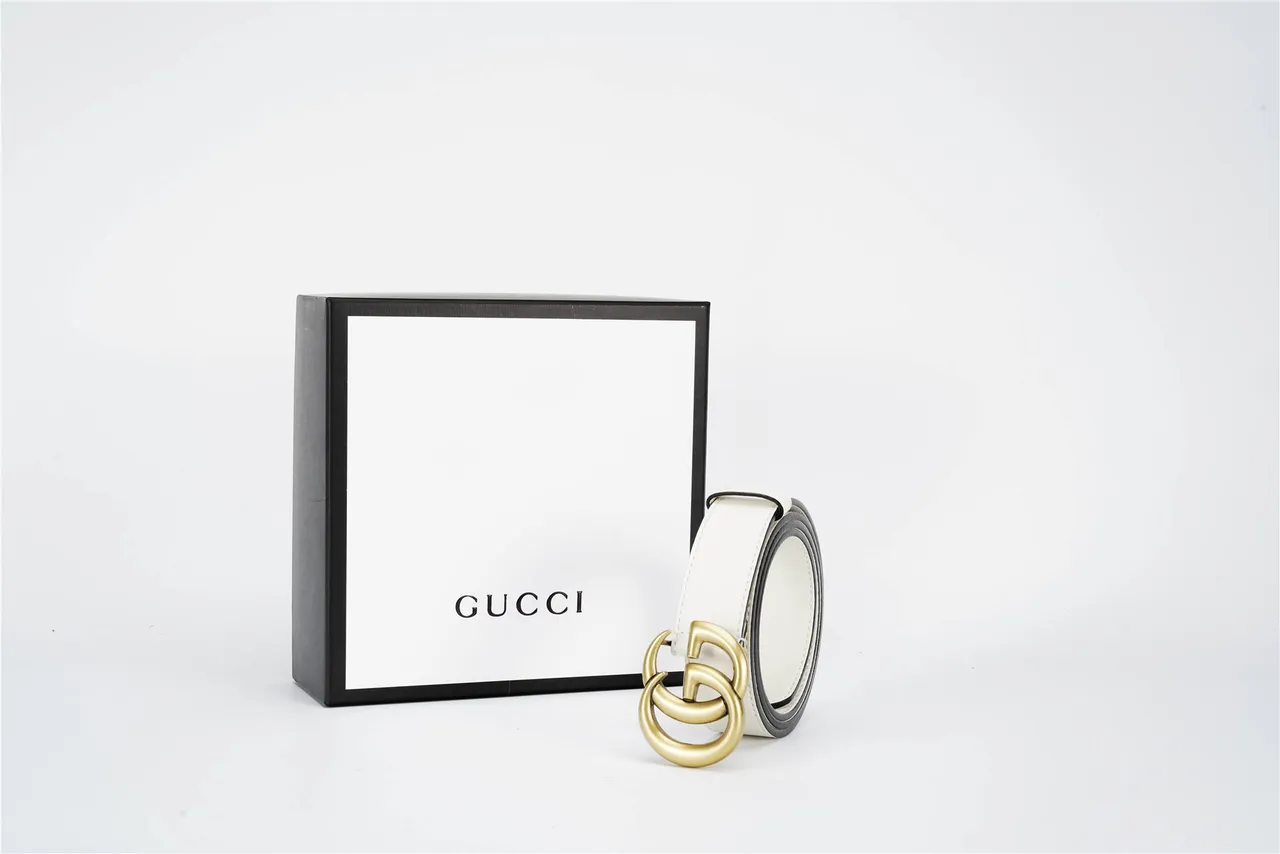 Gucci GG Marmont White Gold Interlocking G Buckle Smooth Leather Belt 6