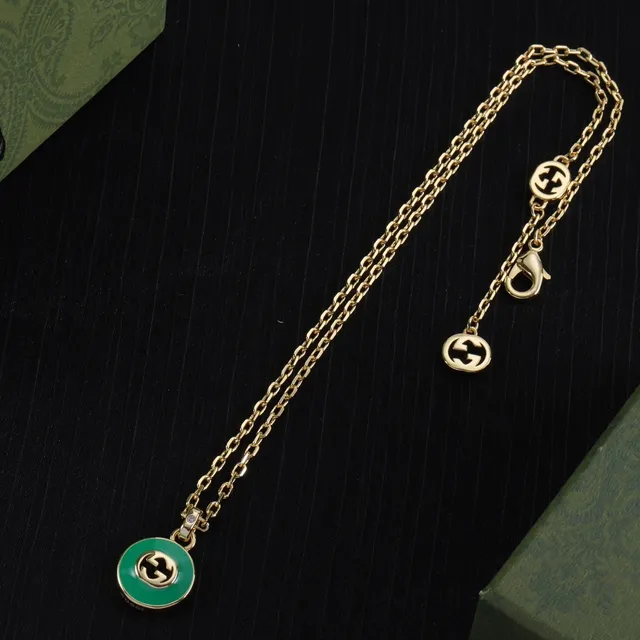 Gucci Green Gold Enamel Disc Interlocking G Logo Necklace 5