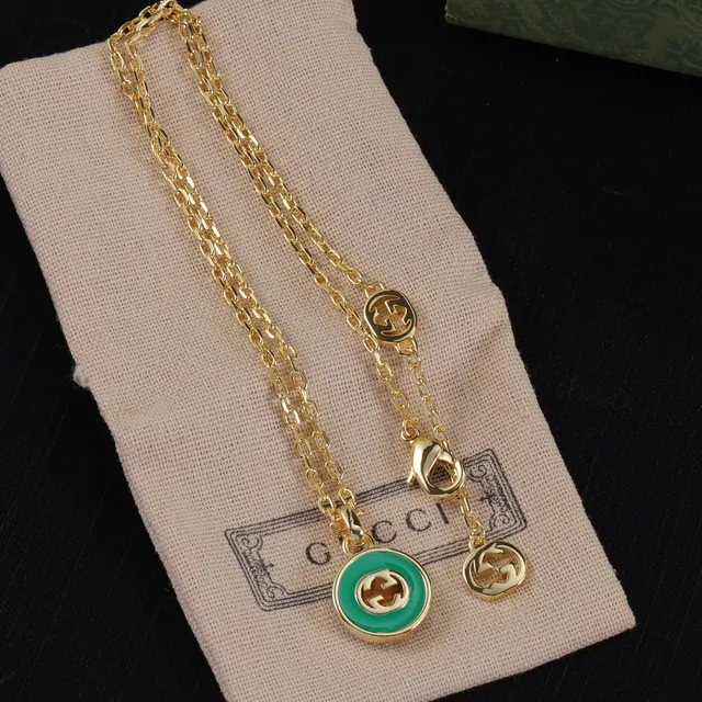 Gucci Green Gold Enamel Disc Interlocking G Logo Necklace 6
