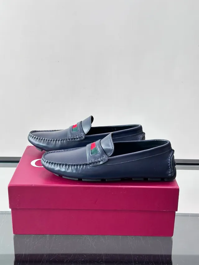 Gucci Horsebit 1955 Navy Leather Web Stripe Loafers 5