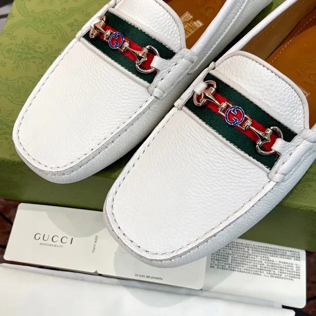 Gucci Horsebit 1955 White Pebbled Leather Loafers 6