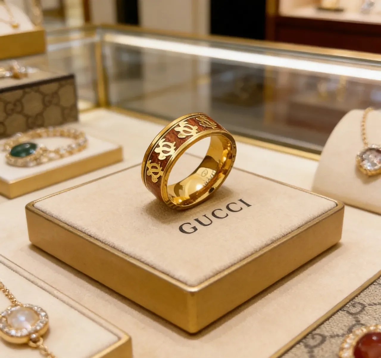 Gucci Interlocking G Motif সোনা ও লাল-বাদামি ইনলে আংটি 4