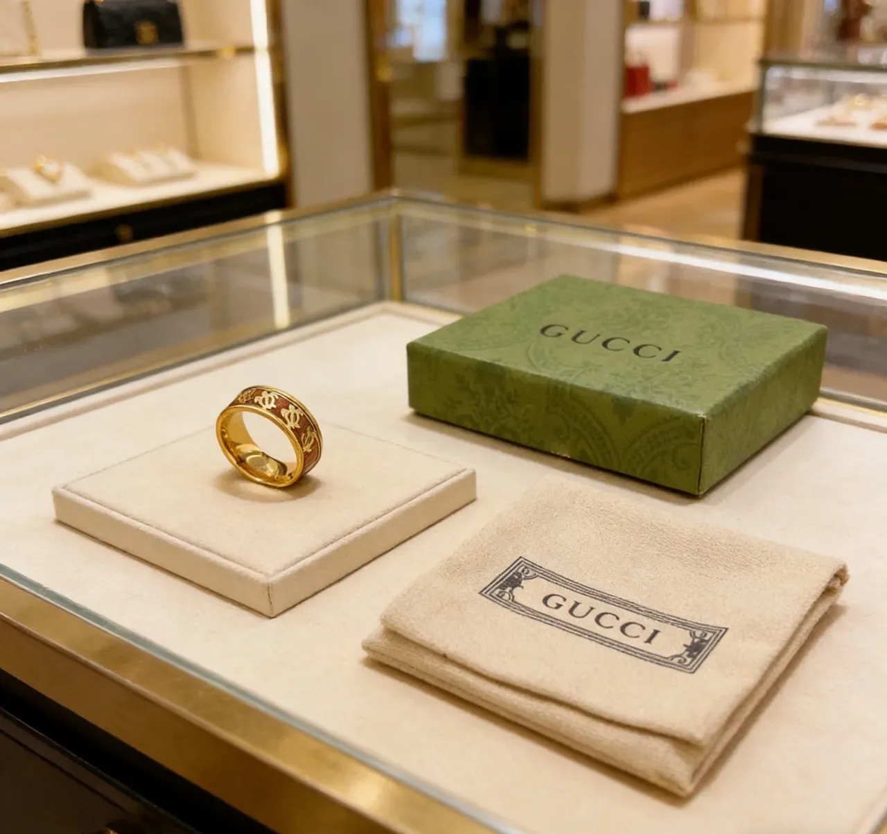 Gucci Interlocking G Motif সোনা ও লাল-বাদামি ইনলে আংটি 7