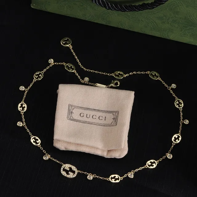 Gucci Interlocking G Pavé Crystal Gold Necklace 6