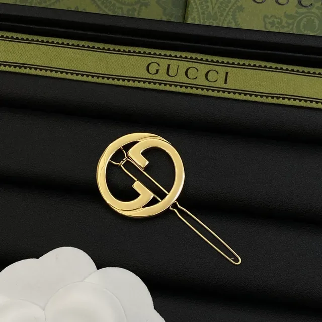 Gucci Interlocking GG Logo Argent Or Cadre Métallique Circulaire Broche 5