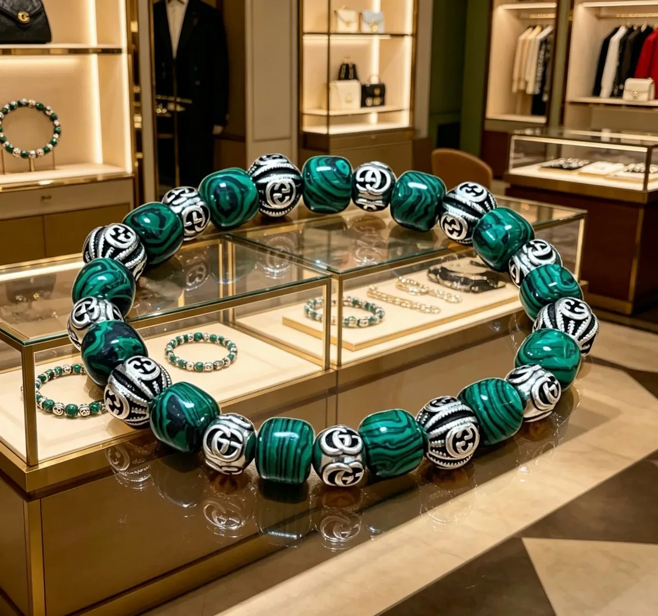 Gucci Malachite and Silver-Tone GG Bead Bracelet 6