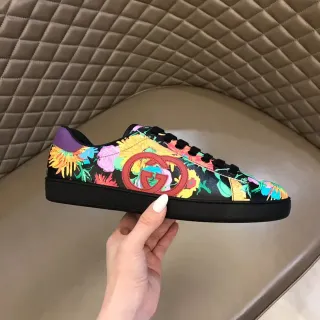 Gucci Multicolor Negro Floral-Print Cuero Superior Parche Interlocking GG Logo Lifestyle Zapatillas