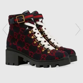 Gucci Navy Red GG Monogram ऊनी ऊपरी मोटे लुग सोल एंकल जूते