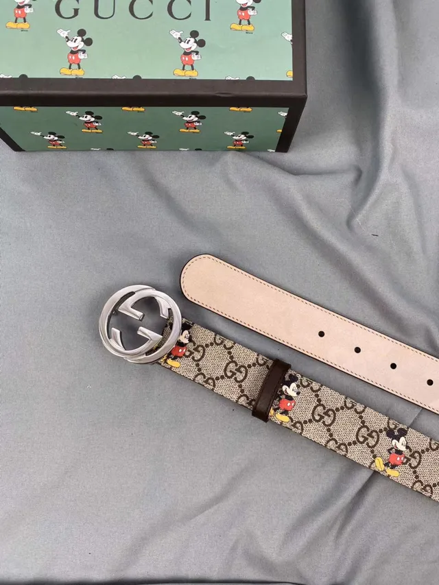 Gucci Ophodia بيج بني GG مونوغرام كانفاس طباعة ديزني ميكي ماوس حزام جلدي 4