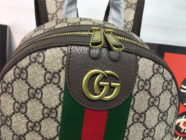 Gucci Ophidia বেইজ লাল GG Monogram Canvas Web Stripe Center Mini Backpack 11