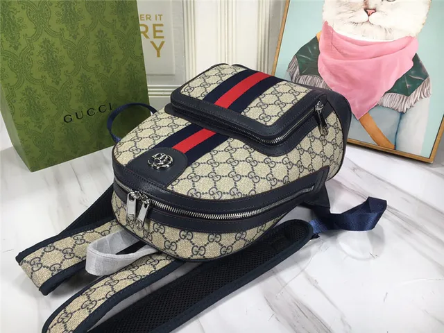 Gucci Ophidia বেইজ লাল GG Monogram Canvas Web Stripe Center Mini Backpack 24
