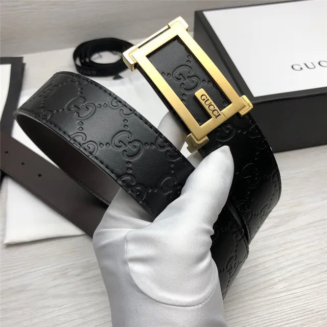 Gucci Ophidia Black Gold Embossed GG Monogram Rectangular Buckle Leather Belt 15