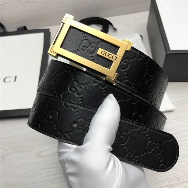Gucci Ophidia Black Gold Embossed GG Monogram Rectangular Buckle Leather Belt 16