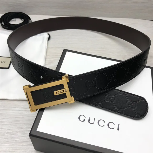 Gucci Ophidia Black Gold Embossed GG Monogram Rectangular Buckle Leather Belt 17