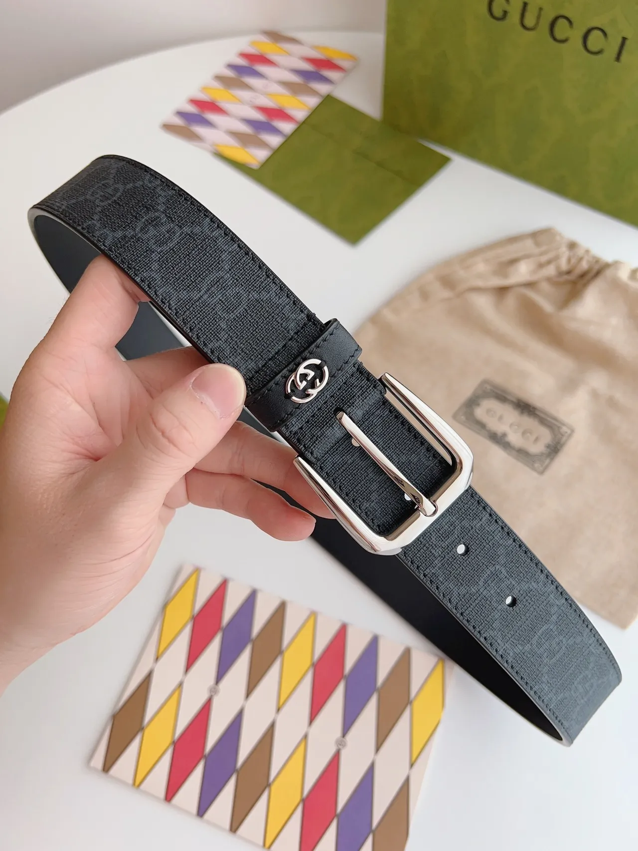 Gucci Ophidia Black Silver Interlocking G Plaque GG Monogram-Coated Canvas Leather Belt 3
