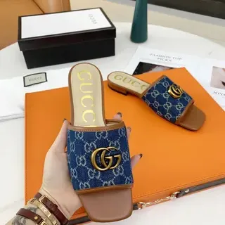 Gucci Ophidia GG Monogram Zapatillas de cuero azul denim y tan