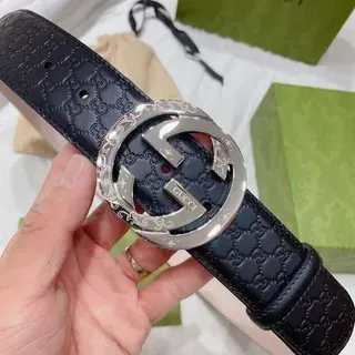 Gucci Ophidia 互锁 G 扣环 海军蓝皮革腰带
