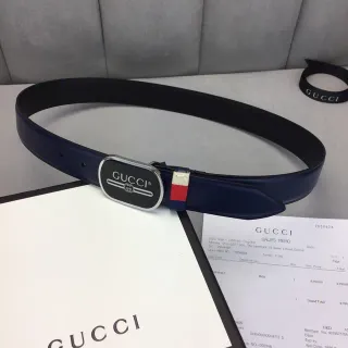 Gucci Ophidia Navy Red Oval Black-Enamel Buckle Interlocking G Logo Leather Belt