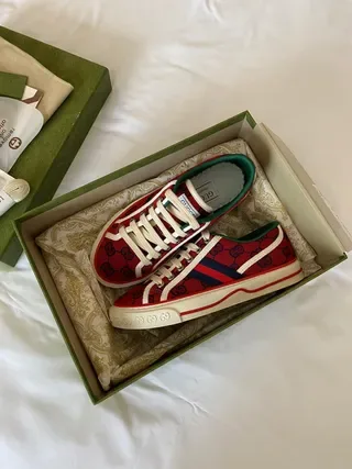 Gucci أحمر أخضر GG Monogram قماش شبكي تفاصيل الشريط أسلوب الحياة الأحذية الرياضية 3