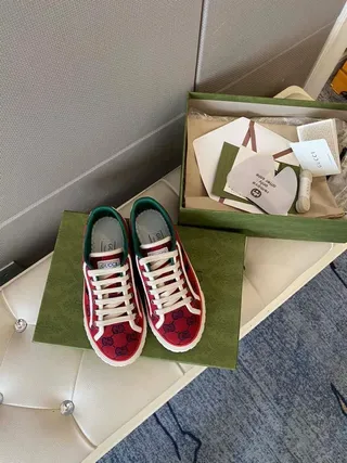 Gucci أحمر أخضر GG Monogram قماش شبكي تفاصيل الشريط أسلوب الحياة الأحذية الرياضية 6