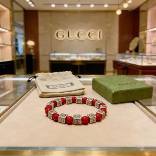 Gucci 红银色串珠 interlocking G Logo 立方手链