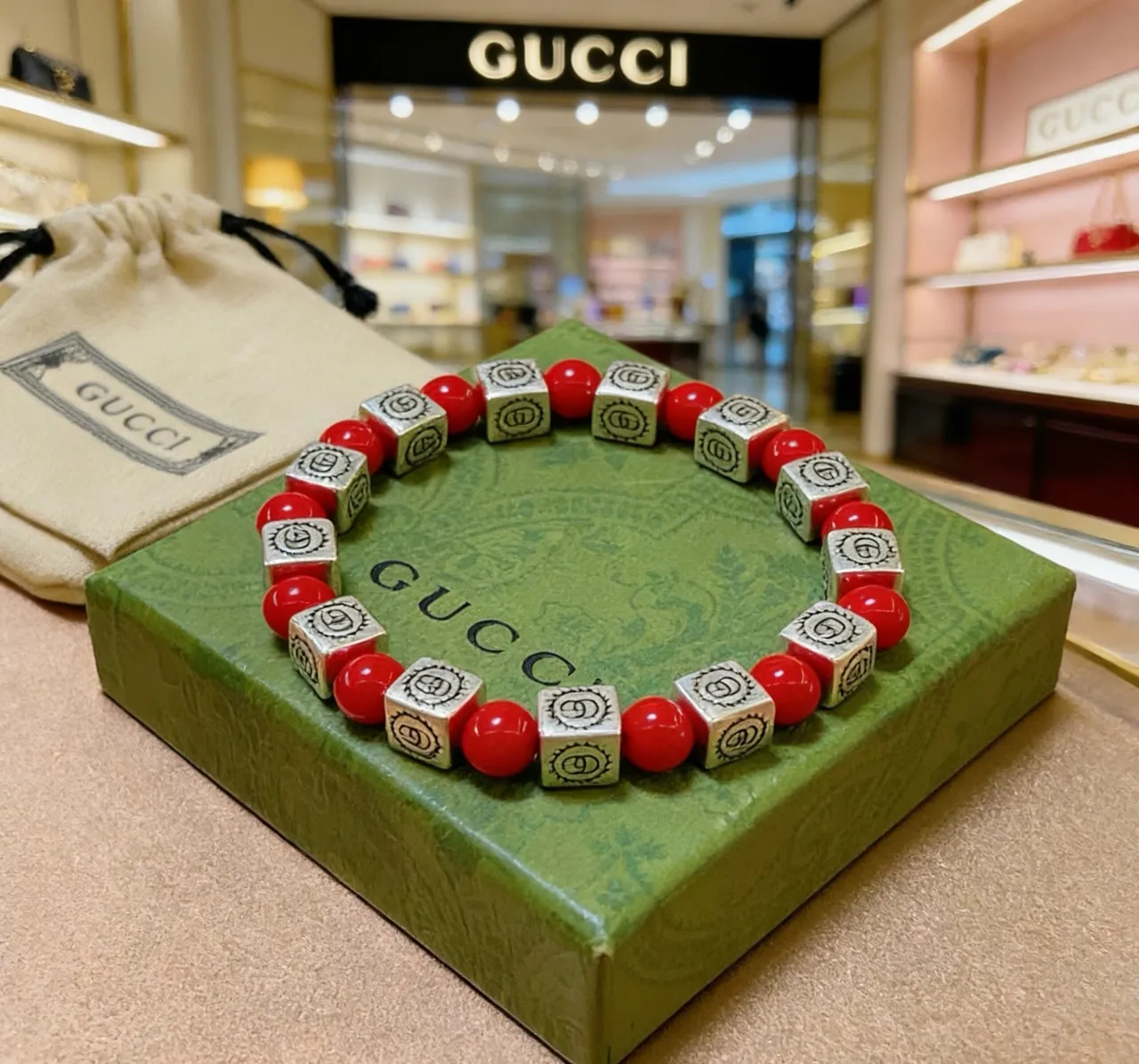 Gucci Red Silver Beaded Interlocking G Logo Cubes Bracelet 5