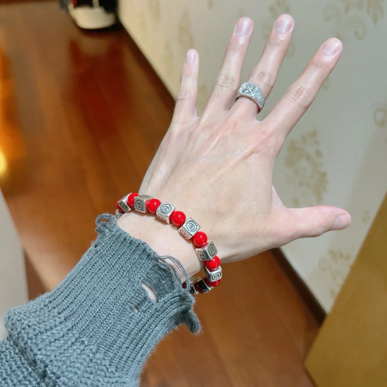Gucci Red Silver Beaded Interlocking G Logo Cubes Bracelet 9
