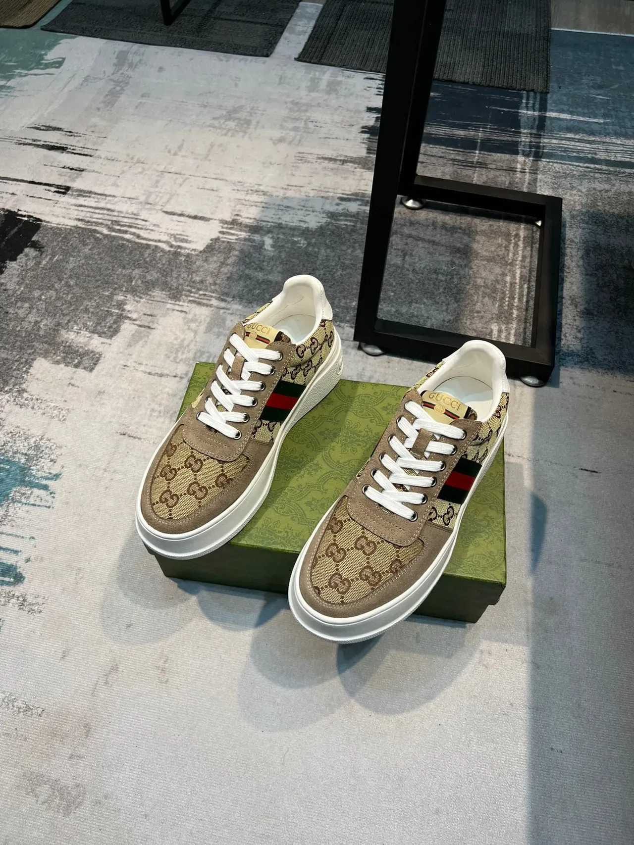 Gucci Screener Beige Monogram Canvas Web Stripe Lifestyle Sneakers 5