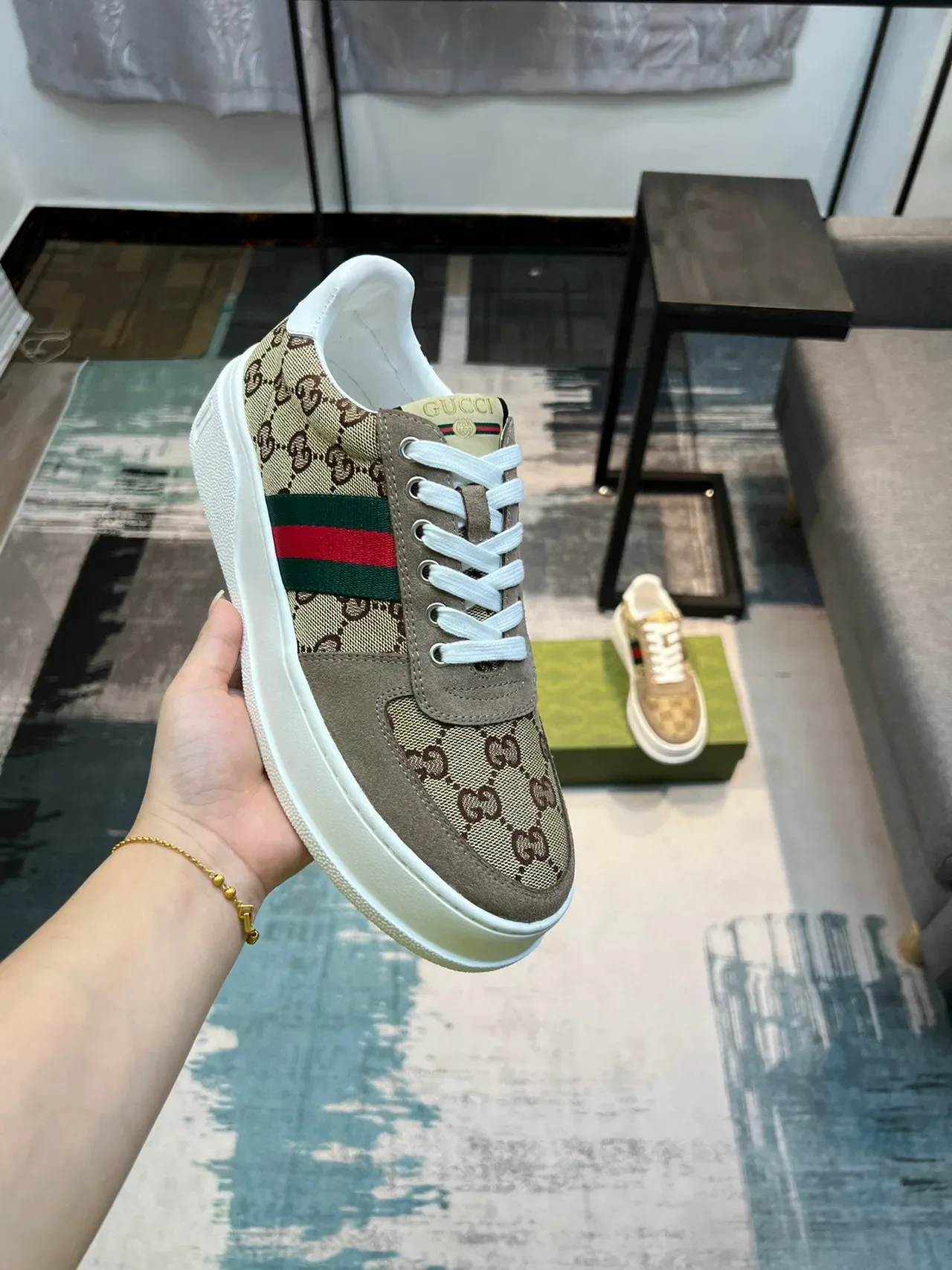 Gucci Screener Beige Monogram Canvas Web Stripe Lifestyle Sneakers 6