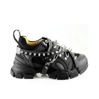 Gucci Screener Negros Plata Correa con Spikes Suela con Rayas Zapatillas gruesas