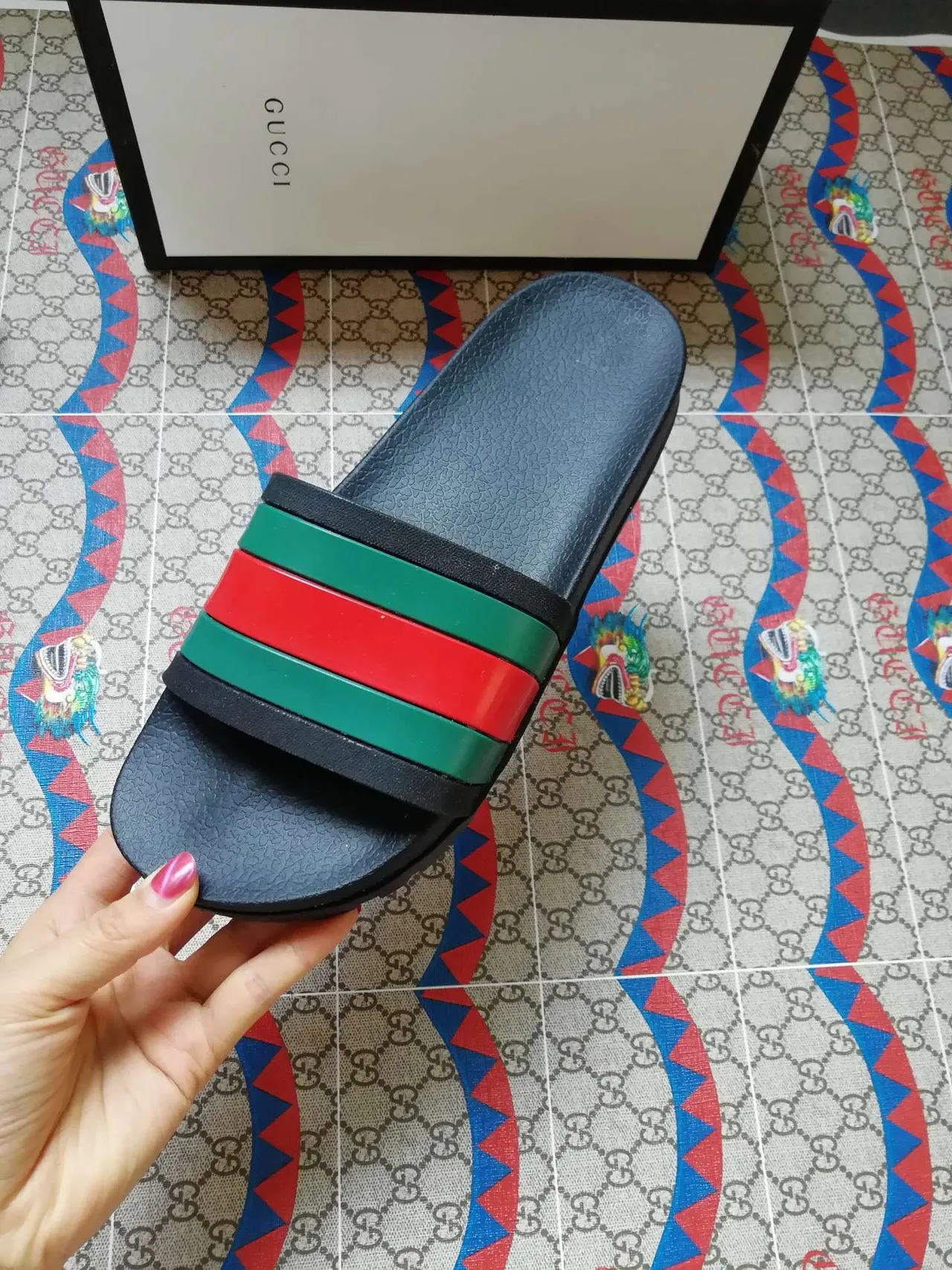 Gucci Screener Slide Black Green Red Web Stripe Slippers 2