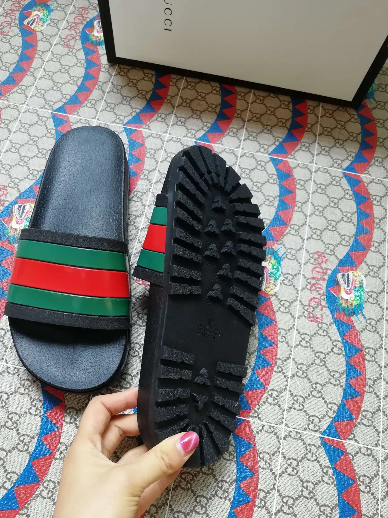 Gucci Screener Slide Black Green Red Web Stripe Slippers 4