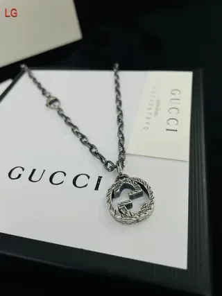 Gucci Silver Black Chain Circular Double G Pendant Necklace 4