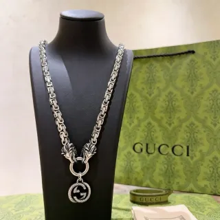 Gucci সিলভার কালো মেটাল সিংহ-হেড টার্মিনালস নেকলেস