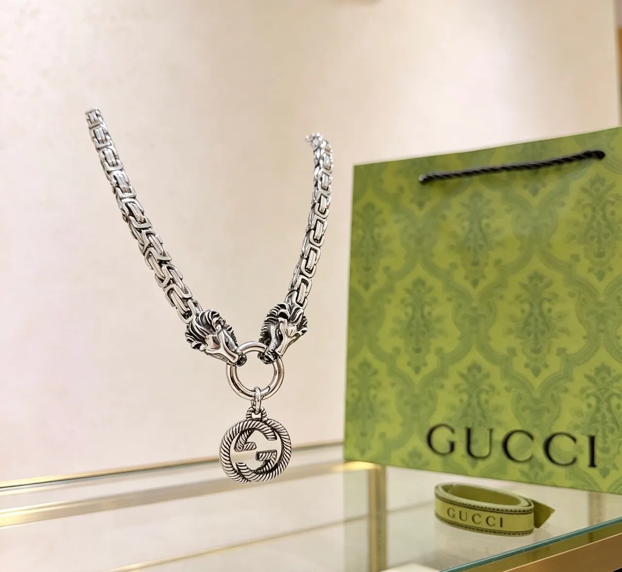 Gucci Silver Black Metal Lion-Head Terminals Necklace 3