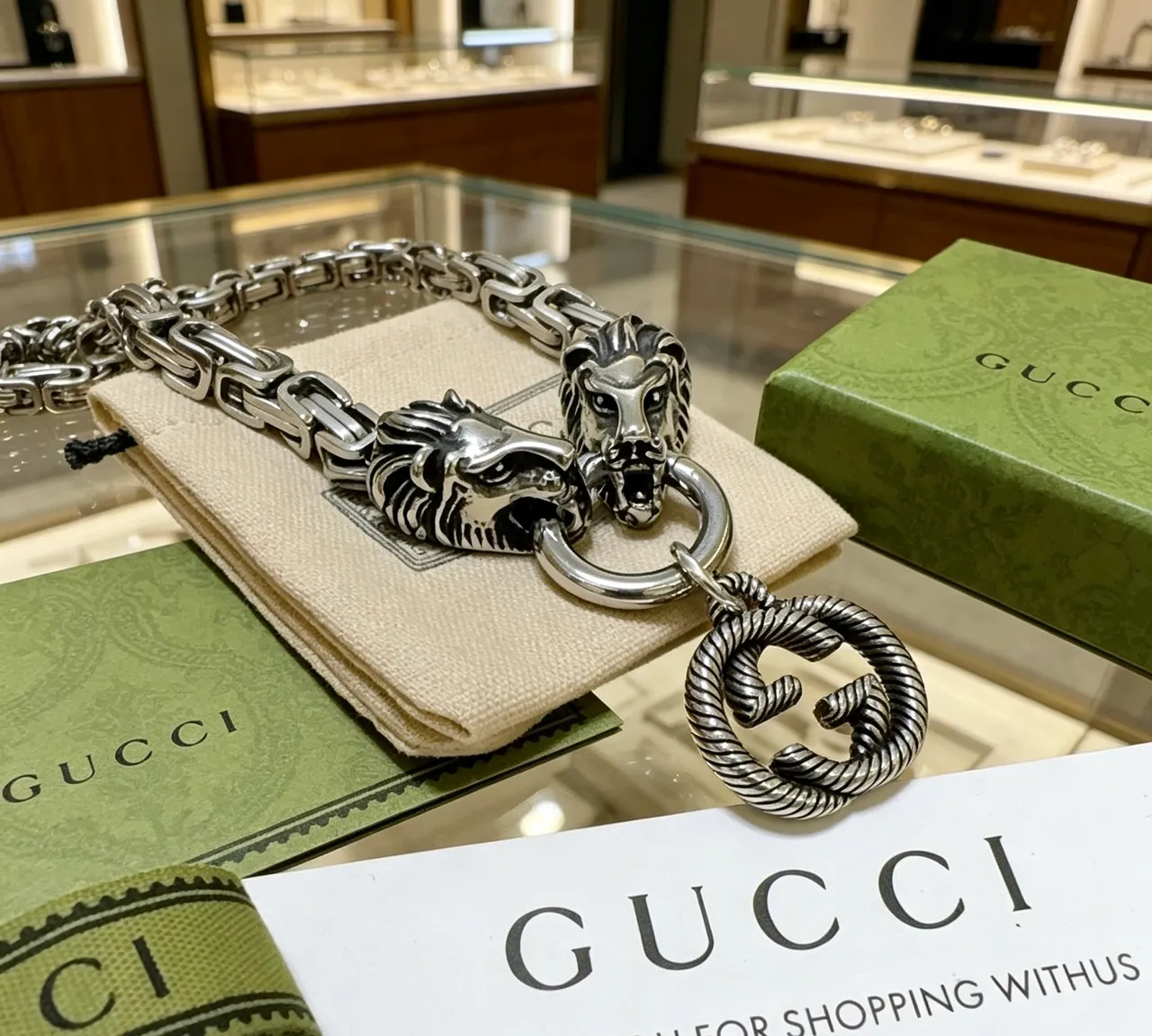 Gucci Silver Black Metal Lion-Head Terminals Necklace 5