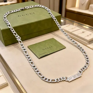 Gucci Silver Figaro-Link Chain Rectangular Plaque Pendant Necklace