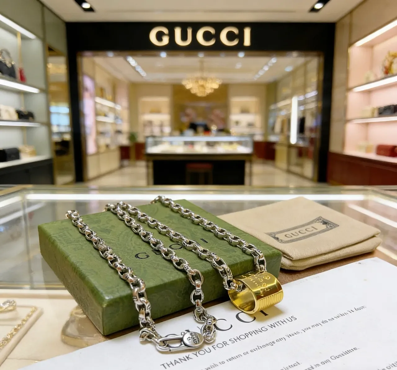 Gucci Silver Gold Thick Curb-Link Chain Cylindrical Lock Pendant Necklace 7